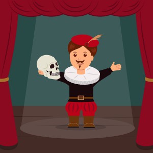 Actor on scene of the theater, playing a role Hamlet. Concept World Theatre Day.