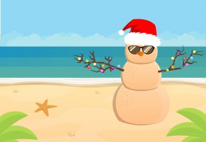 Snowman Santa Claus on a sandy tropical beach vector flat illustration