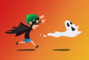 Cute kid in a ghost costume pursuing a real ghost. Prank Halloween cartoon illustration. Vector.