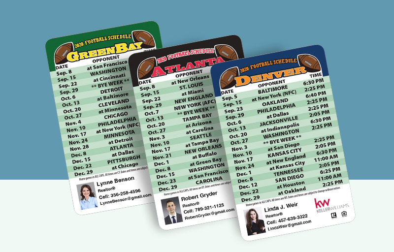 Keller Williams Real Estate Football Laminated Wallet Cards - KW approved vendor personalized magnetic football schedules | BestPrintBuy.com