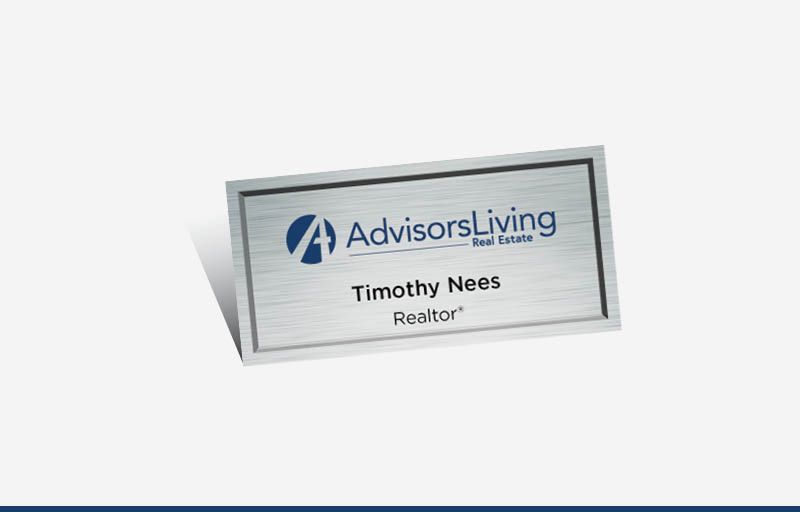 Advisors Living Real Estate Full Color Silver Metallic Name Badge | BestPrintBuy.com