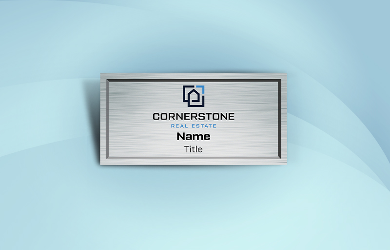 Cornerstone Real Estate Real Estate Full Color Silver Metallic Name Badge | BestPrintBuy.com
