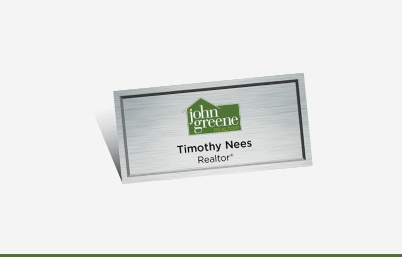 John Greene Realtor Real Estate Full Color Silver Metallic Name Badge | BestPrintBuy.com
