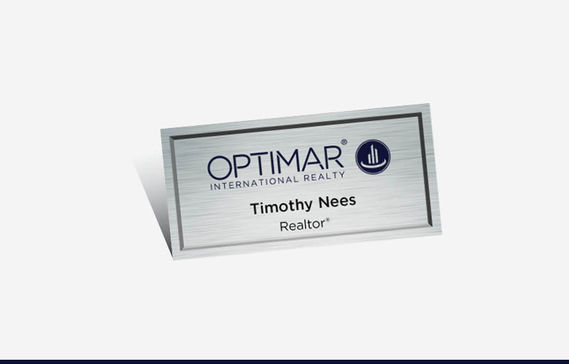 Optimar International Real Estate Full Color Silver Metallic Name Badge | BestPrintBuy.com