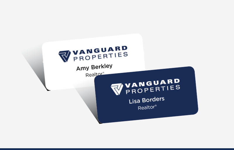 Vanguard Properties Real Estate Domed Rectangle Name Badge | BestPrintBuy.com