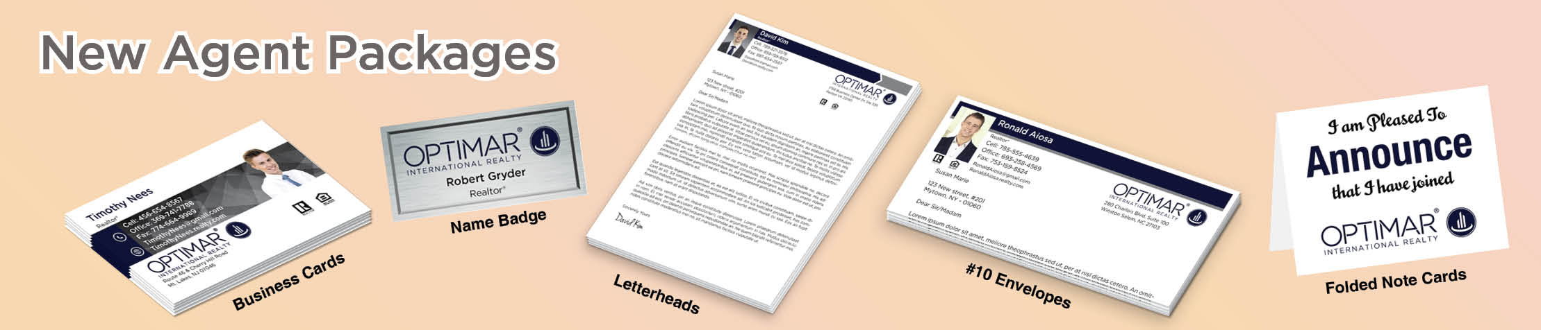 Optimar International Real Estate Gold, Silver and Bronze Agent Packages - Optimar International approved vendor personalized business cards, letterhead, envelopes and note cards | BestPrintBuy.com