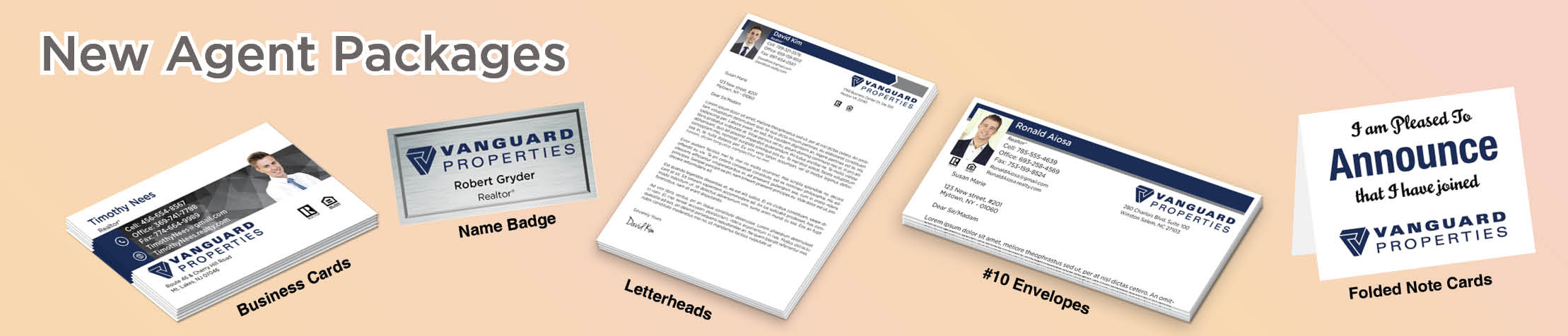 Vanguard Properties Real Estate Gold, Silver and Bronze Agent Packages - Vanguard Properties approved vendor personalized business cards, letterhead, envelopes and note cards | BestPrintBuy.com